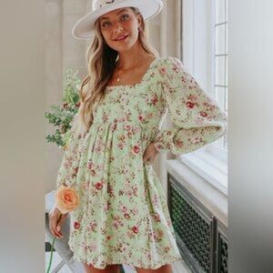 Womens Blu Pepper Boho Hippie Baby Doll Lined Dress Puff Sleeve Green Floral M